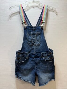 Justice Denim Short Overalls with Rainbow Straps